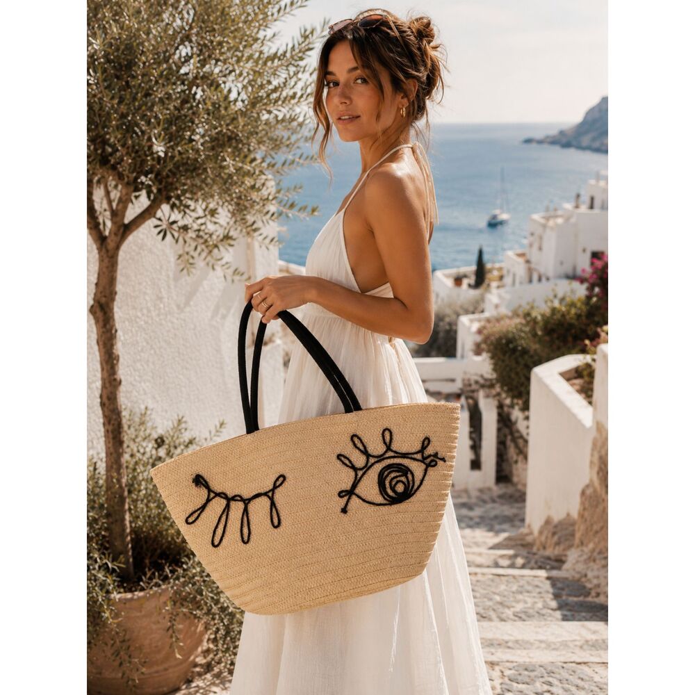 Straw Tote Bag Embroidered Eye Beach Shoulder Bag Boho Coastal Large